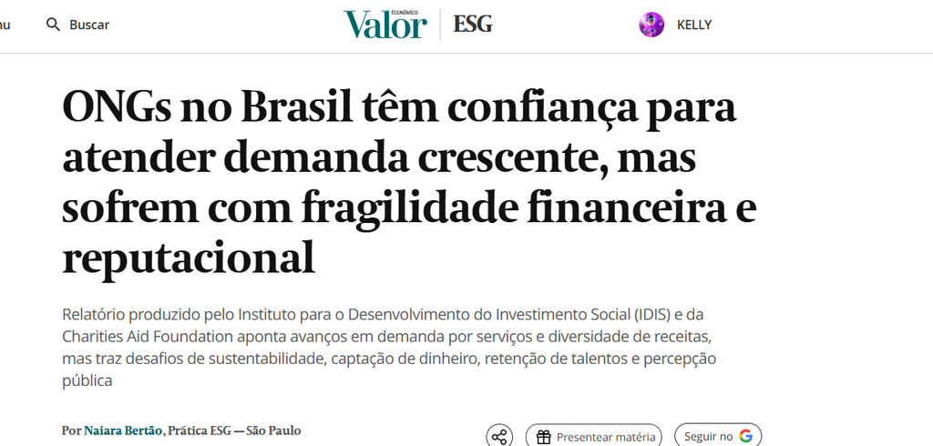 Matéria sobre relatório do IDIS publicado no Valor Econômico em 05/02/2026.
