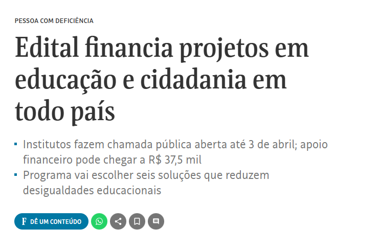 Matéria sobre edital do IDIS publicado na Folha de São Paulo em 03/03/2026