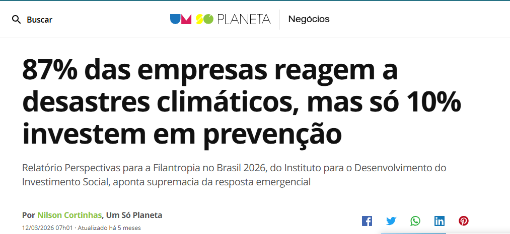 Matéria sobre o Relatório Perspectivas para a Filantropia do IDIS, publicado no Um Só Planeta em 12/03/2026.