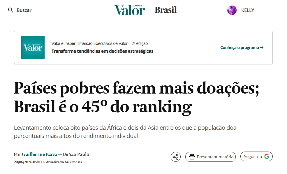 Entrevista sobre o ranking World Giving Report 2026 do IDIS, publicado no Valor Econômico em 24/06/2026.